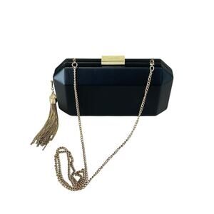 OLGA BERG-Lia Facetted Clutch With Tassel in Black & Gold Crossbody Hard Case